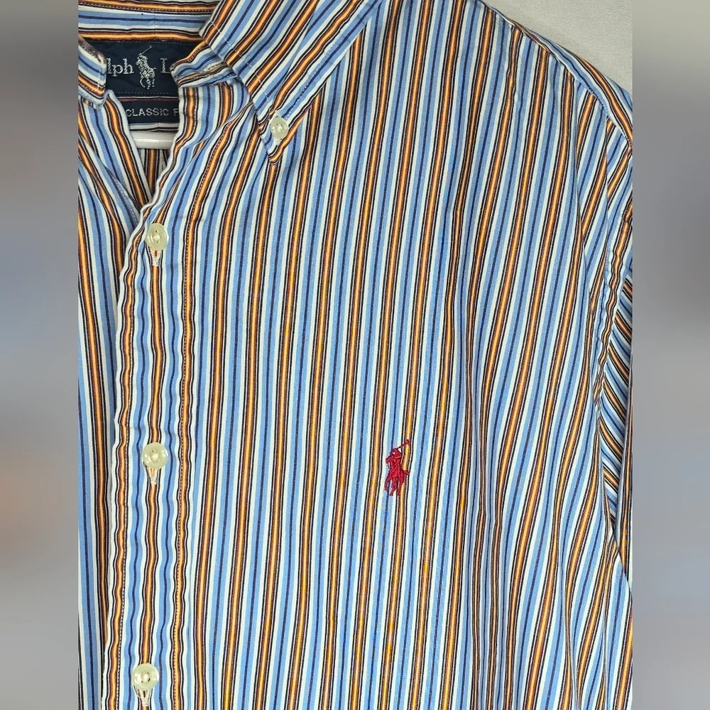 Ralph Lauren Button Down Shirt Powder Blue Stripe Long Sleeve Classic Fit Large